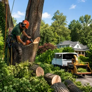 Tree Removal Specialist Cutting a Mature Tree in a Suburban Landscape