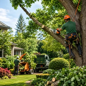 Professional arborist trimming a large tree in a residential garden with well-maintained landscaping