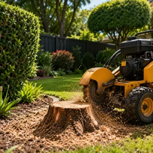 Stump grinder removing a tree stump in a garden